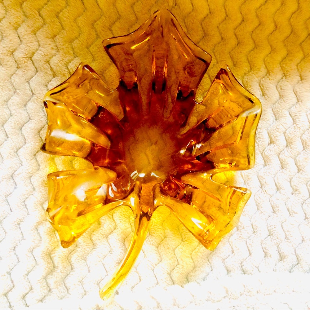 Decorative rare vintage amber glass maple leaf shaped vase / candy dish …